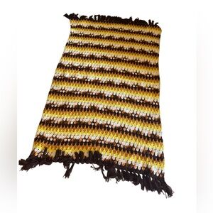 Vintage handmade Afghan yellow brown white Striped Crochet Blanket with Fringe
